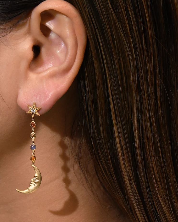 Rainbow Sapphire Crescent Moonface Earrings | YG, Sapphire, Diamond - ONLINE ONLY