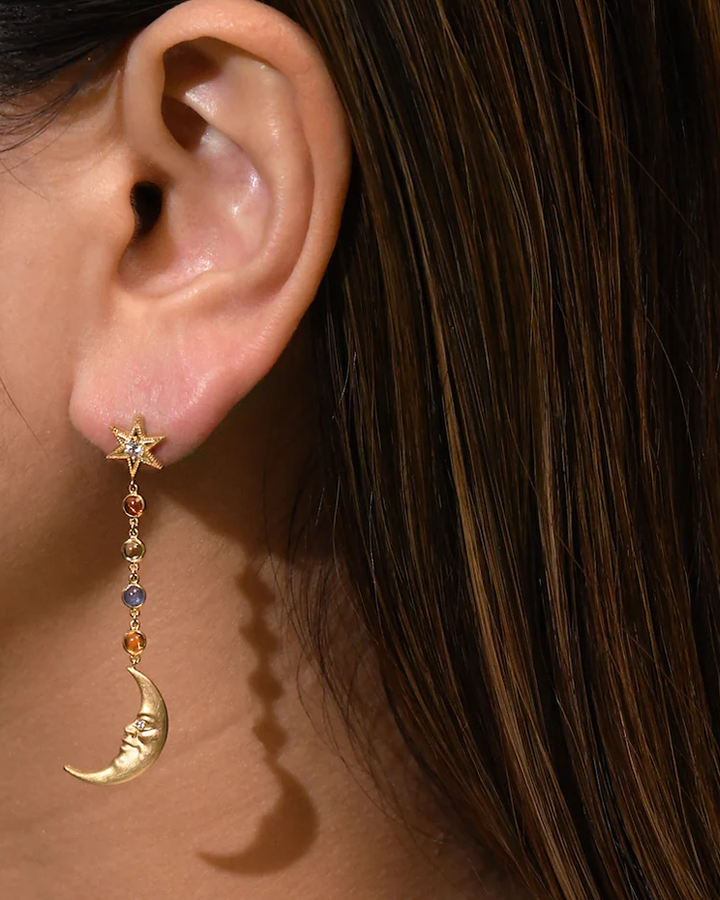 Rainbow Sapphire Crescent Moonface Earrings | YG, Sapphire, Diamond - ONLINE ONLY