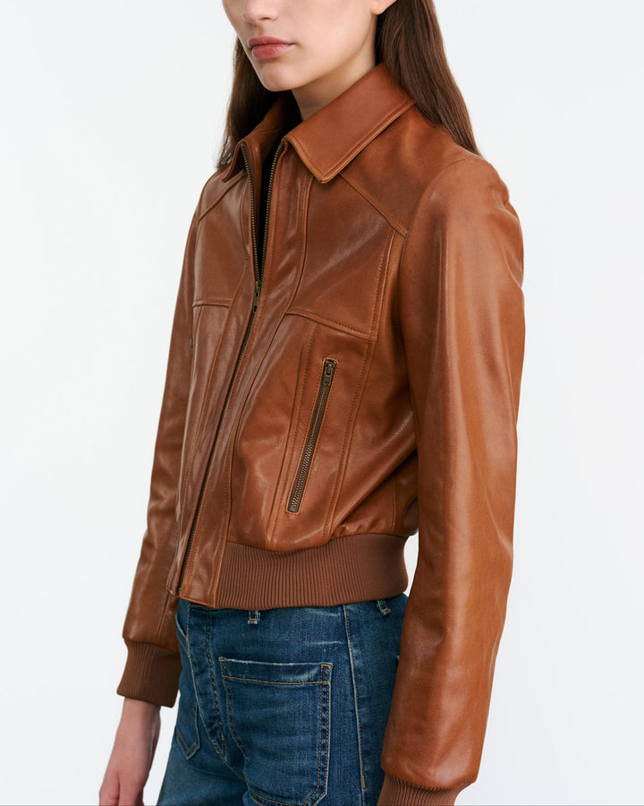 Sue Leather Bomber Jacket | Cognac