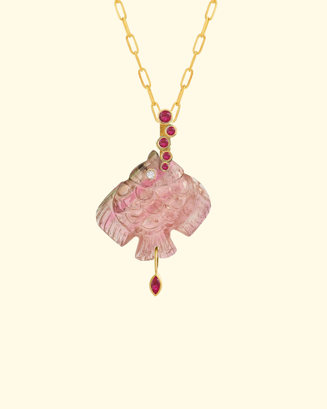 Pink Tourmaline Fish Pendant w/ Rubies