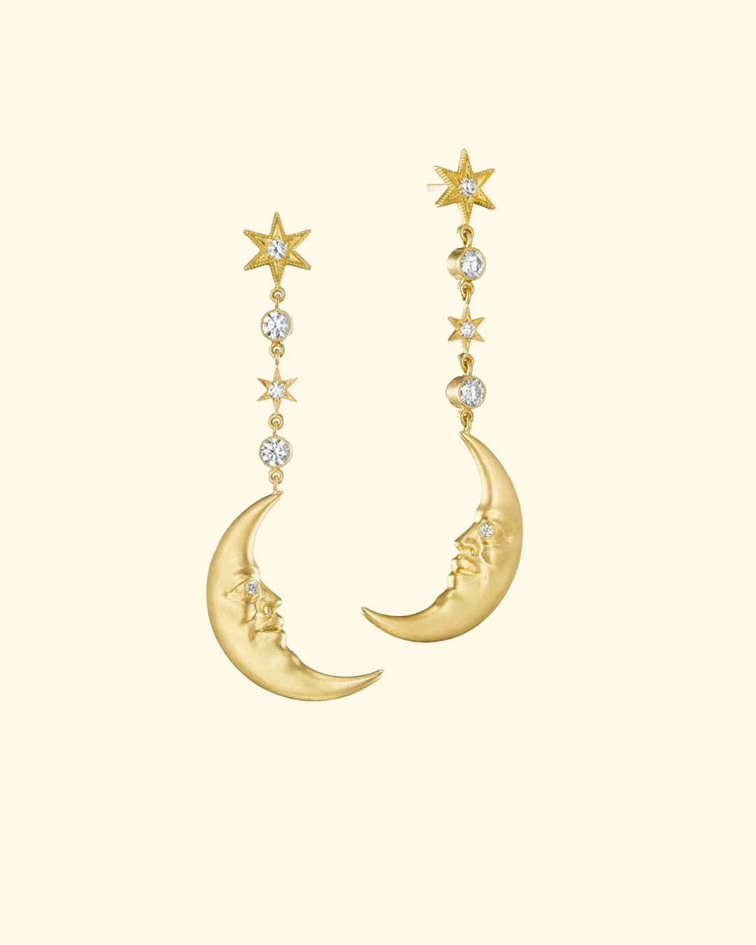 Hanging Crescent Moonface Earrings | Diamond & Yellow Gold - ONLINE ONLY