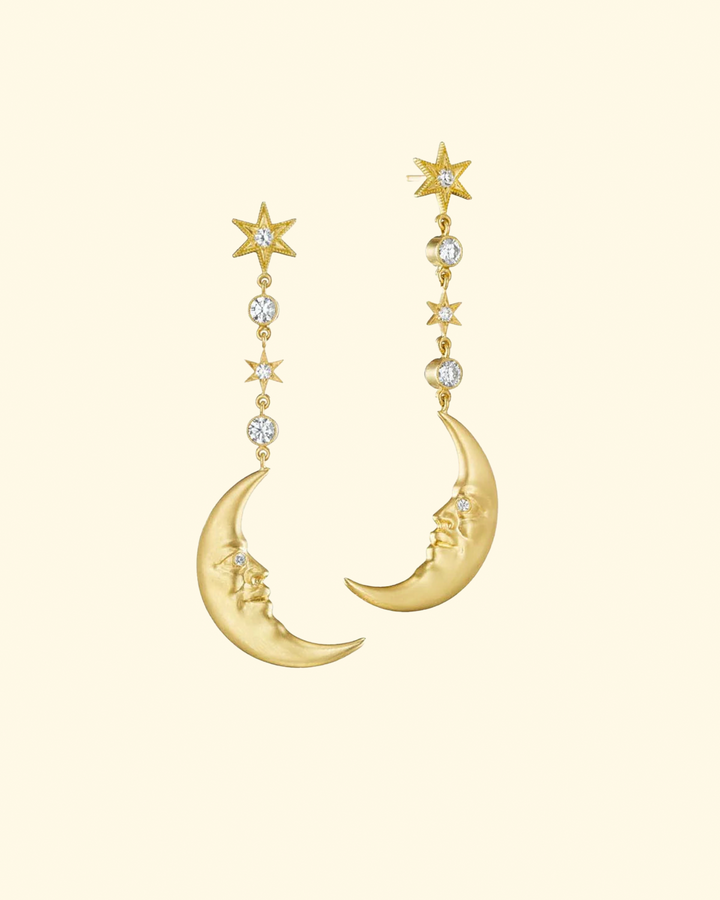 Hanging Crescent Moonface Earrings | Diamond & Yellow Gold - ONLINE ONLY