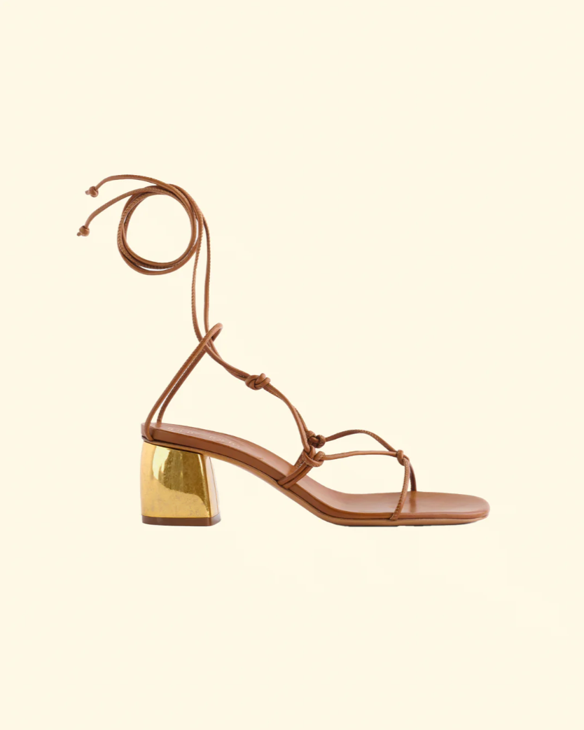 Golden Heel Sandals with Leather Tubular Laces | Cuoio