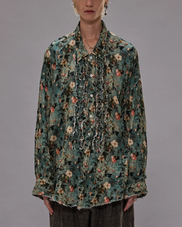 Shredded Seam Ruffle Shirt | Turquoise Floral