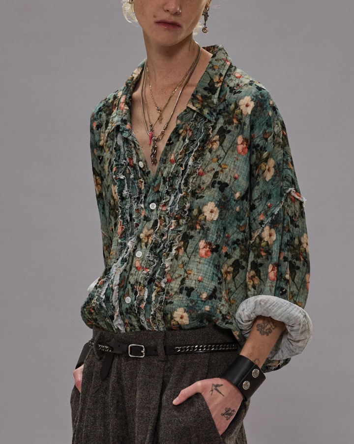 Shredded Seam Ruffle Shirt | Turquoise Floral