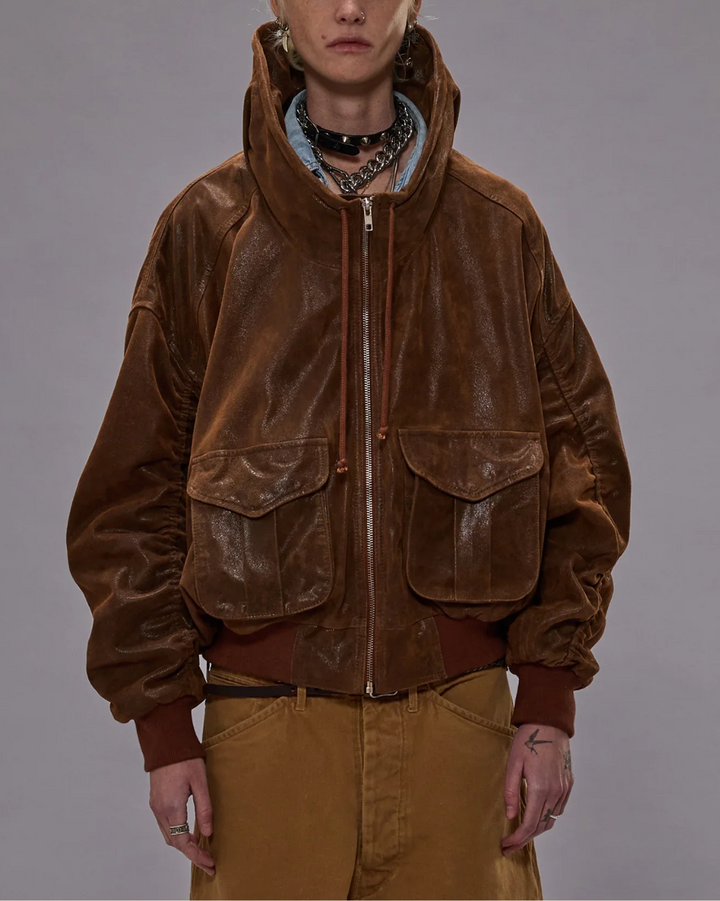 Leather Shirred Oversized Bomber | Brown