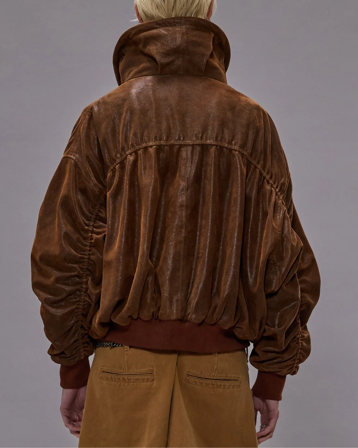 Leather Shirred Oversized Bomber | Brown