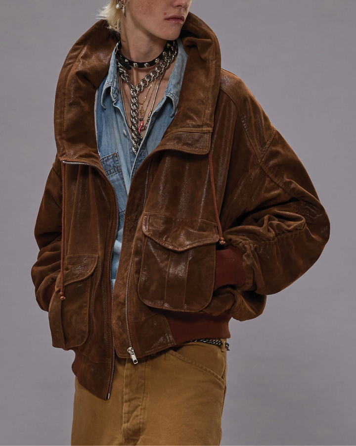 Leather Shirred Oversized Bomber | Brown