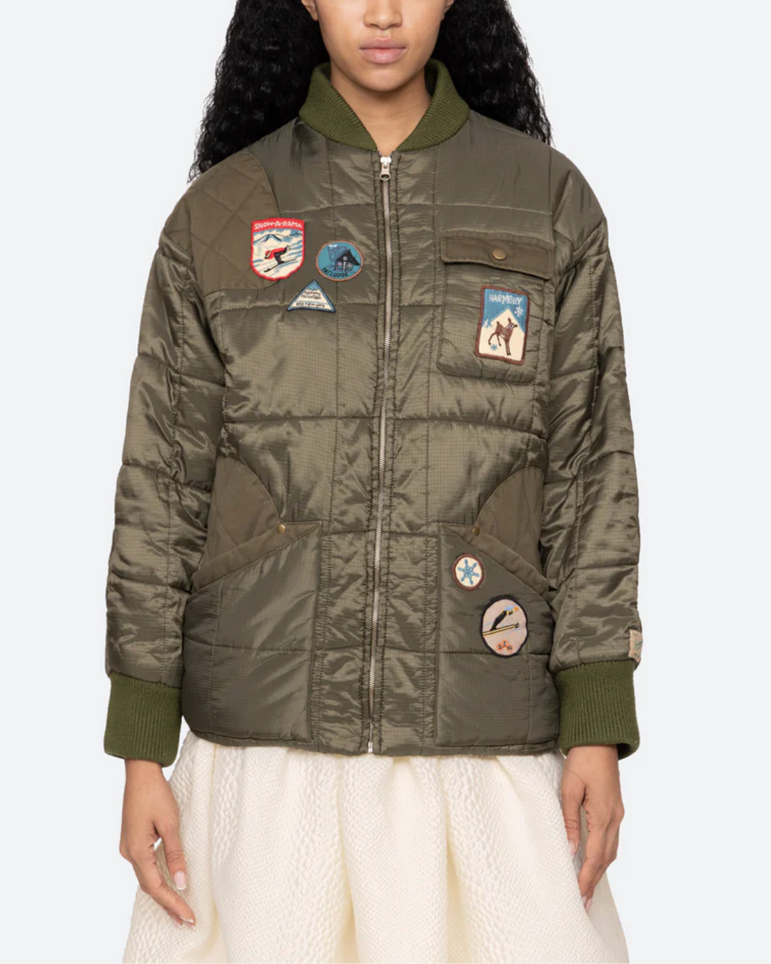 Eira Quilted Patched Puffer Jacket | Olive