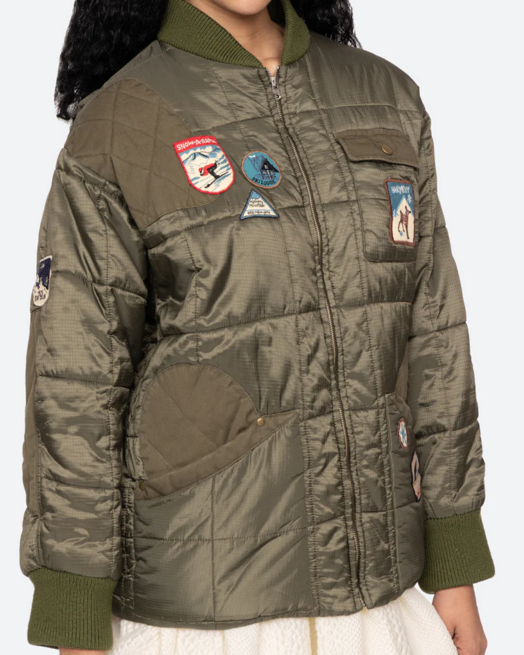 Eira Quilted Patched Puffer Jacket | Olive