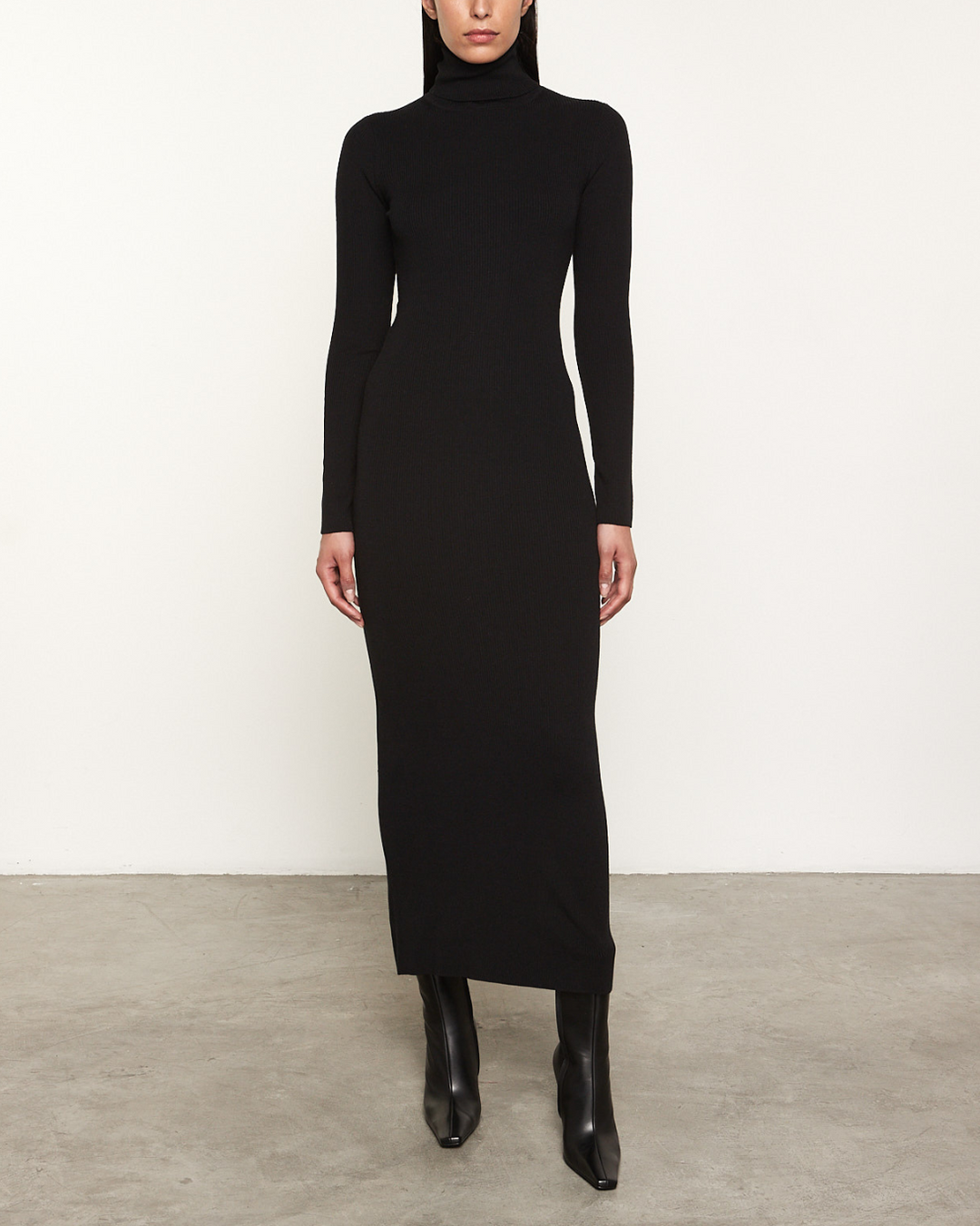 Silk Sweater Rib Ankle Turtleneck Dress | Black