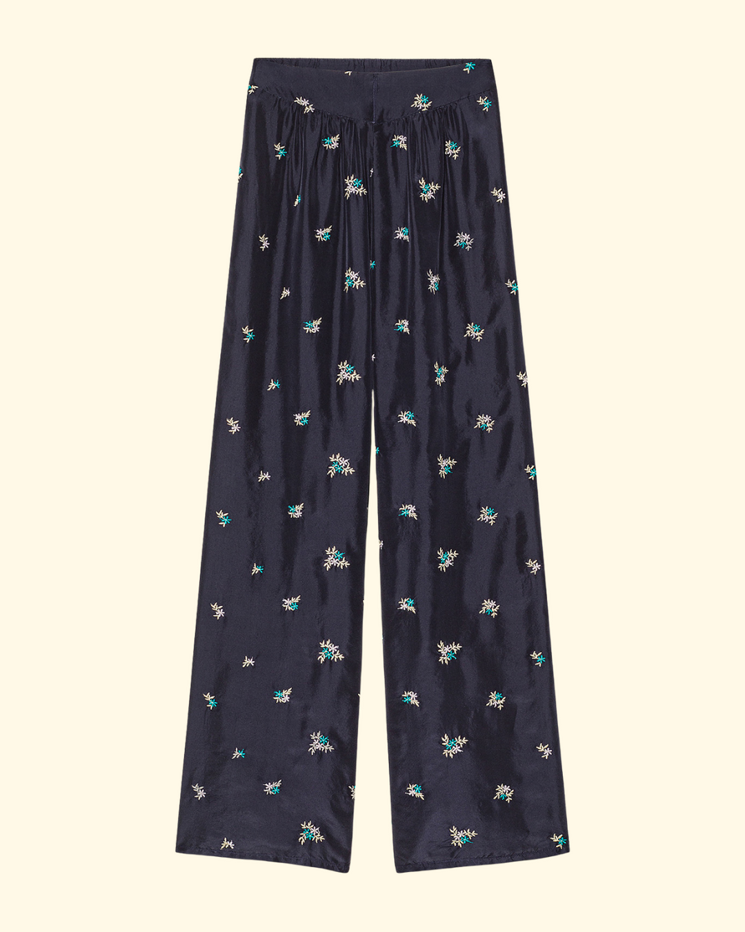 PREORDER Petites Fleurs Embroidery Silk Flared Pants | Midnight