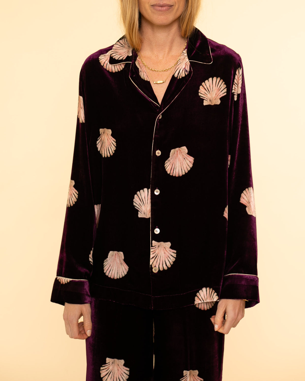 Mother of Pearl Velvet Pajama Shirt | Ruby