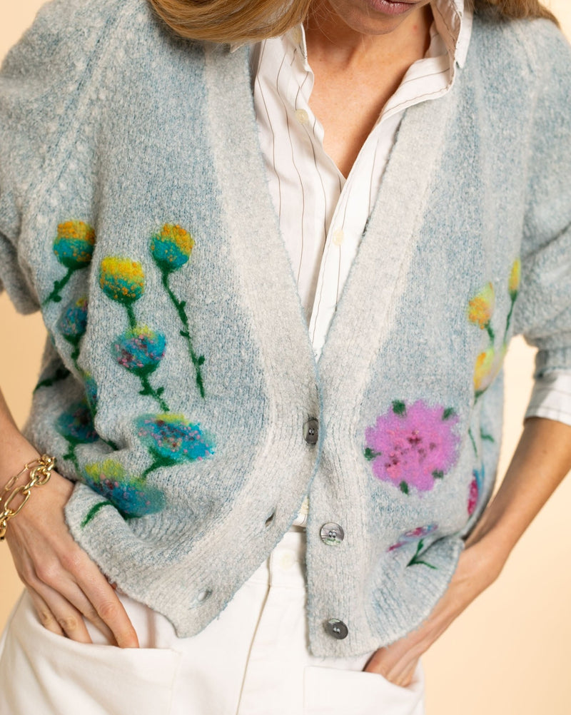 V Neck Cardigan With Needle Puntch Flowers | Water