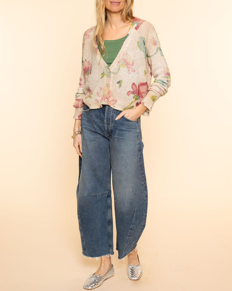V Neck Cropped Cardigan With Lily Print | Burro