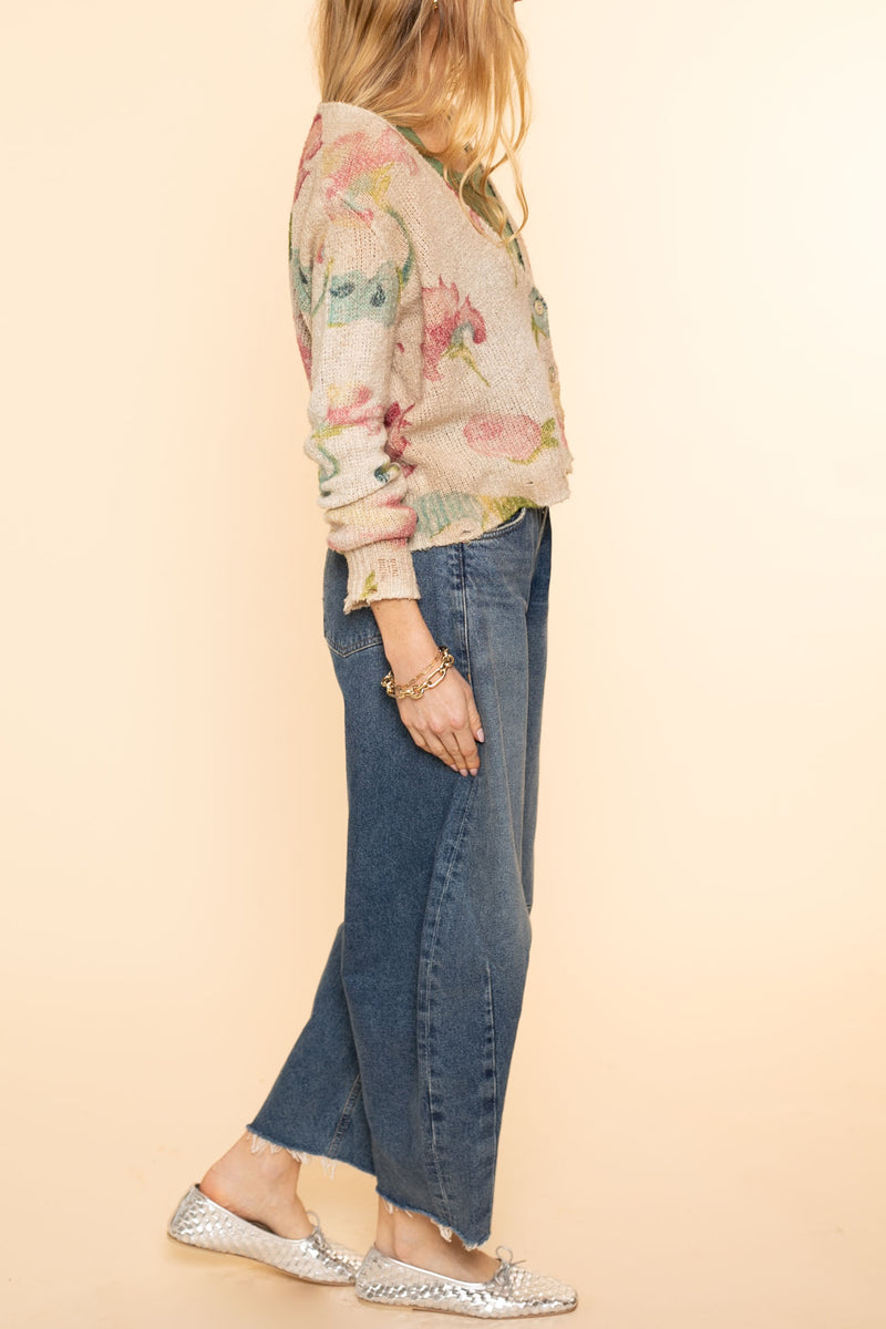 V Neck Cropped Cardigan With Lily Print | Burro