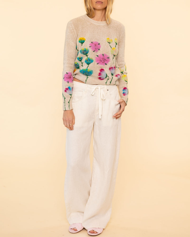 Round Neck Brushed Cotton Pullover | Burro Needle Puntch Flowers