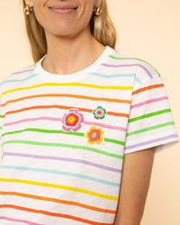 Embroidered Flower Striped Tee | Multi