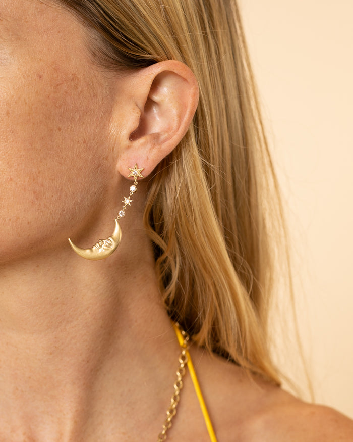 Hanging Crescent Moonface Earrings | Diamond & Yellow Gold