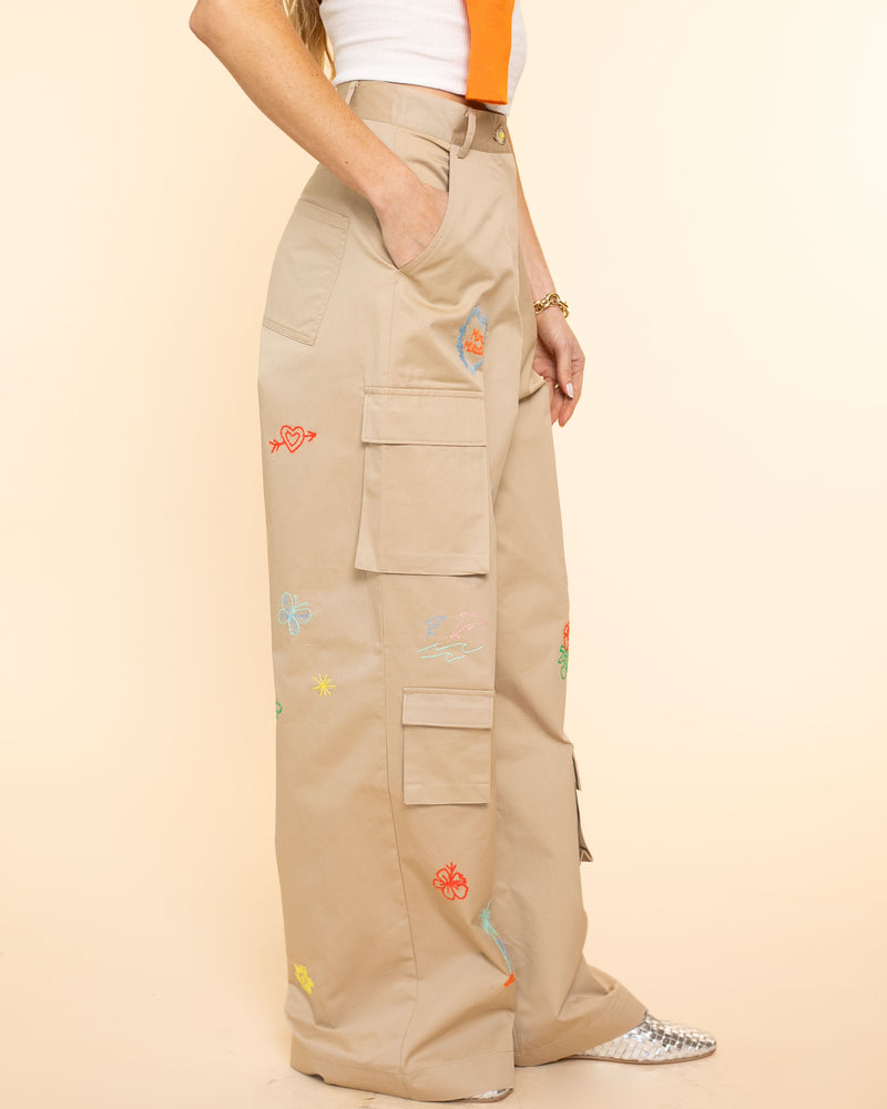Embroidered Cali Cargo Pant | Beige