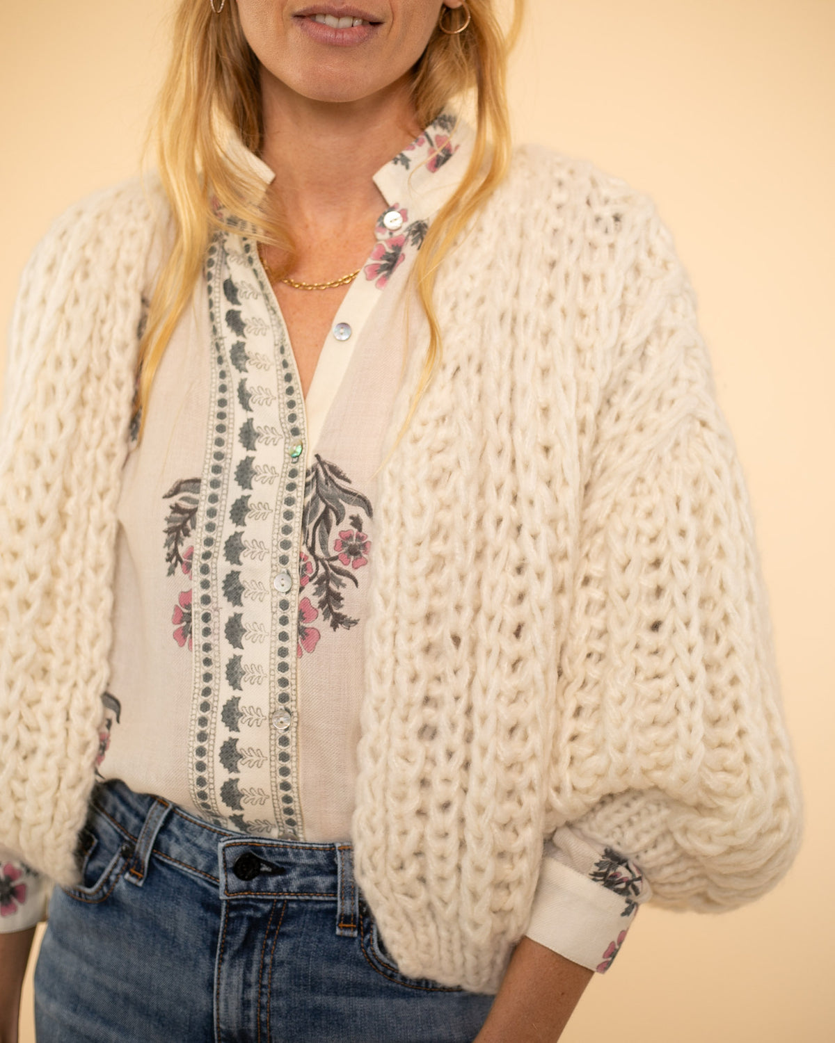 Cashmere Chunky Bomber Cardigan | Creme