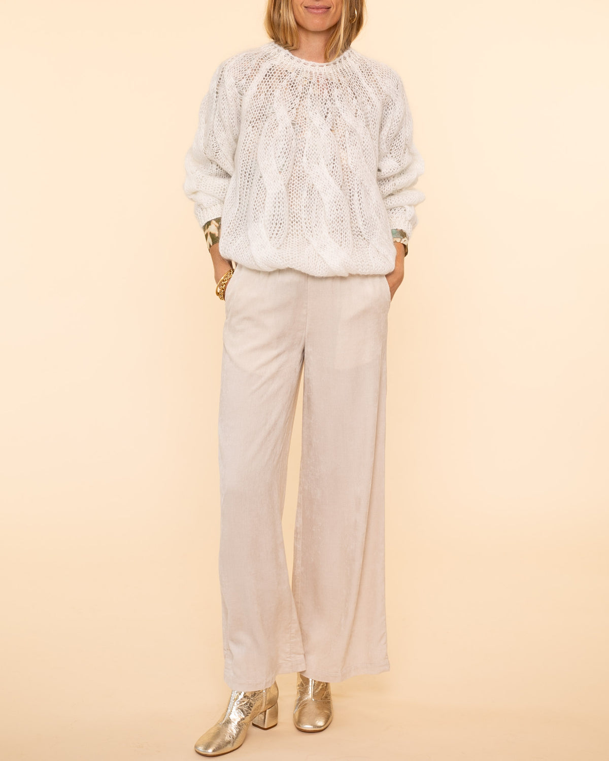 Mohair Cable Roundneck Sweater | Bianco