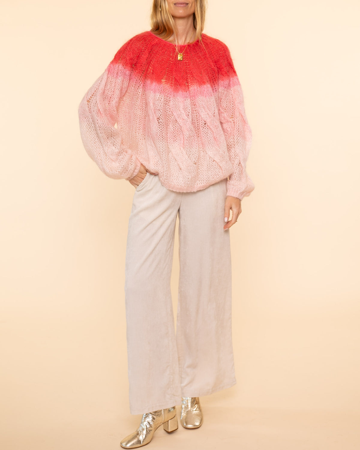 Dip Dyed Mohair Cable Knit Roundneck Sweater | Cerise