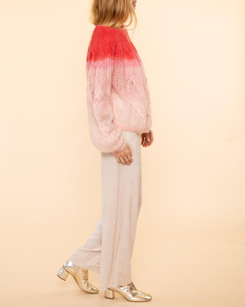 Dip Dyed Mohair Cable Knit Roundneck Sweater | Cerise