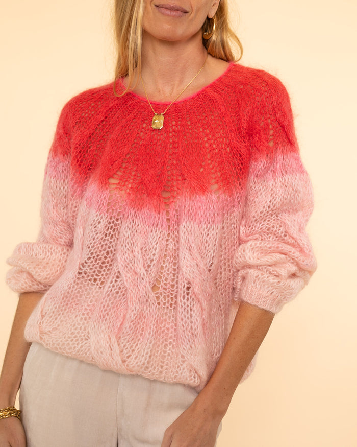 Dip Dyed Mohair Cable Knit Roundneck Sweater | Cerise