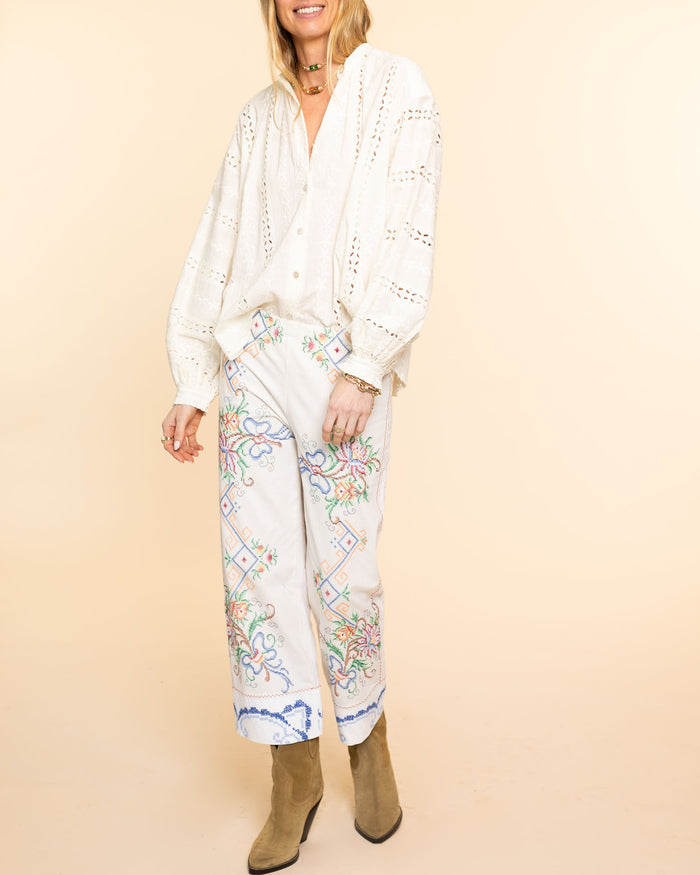 Upcycled PJ Pant | White W/ Embroidery
