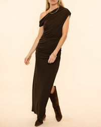 One Shoulder Ruched Jersey Maxi Dress | Dark Brown