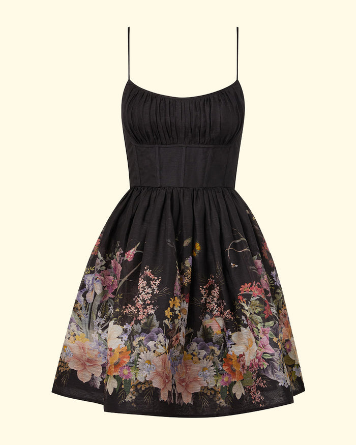 Natura Ruched Mini Dress | Black Wild Flowers