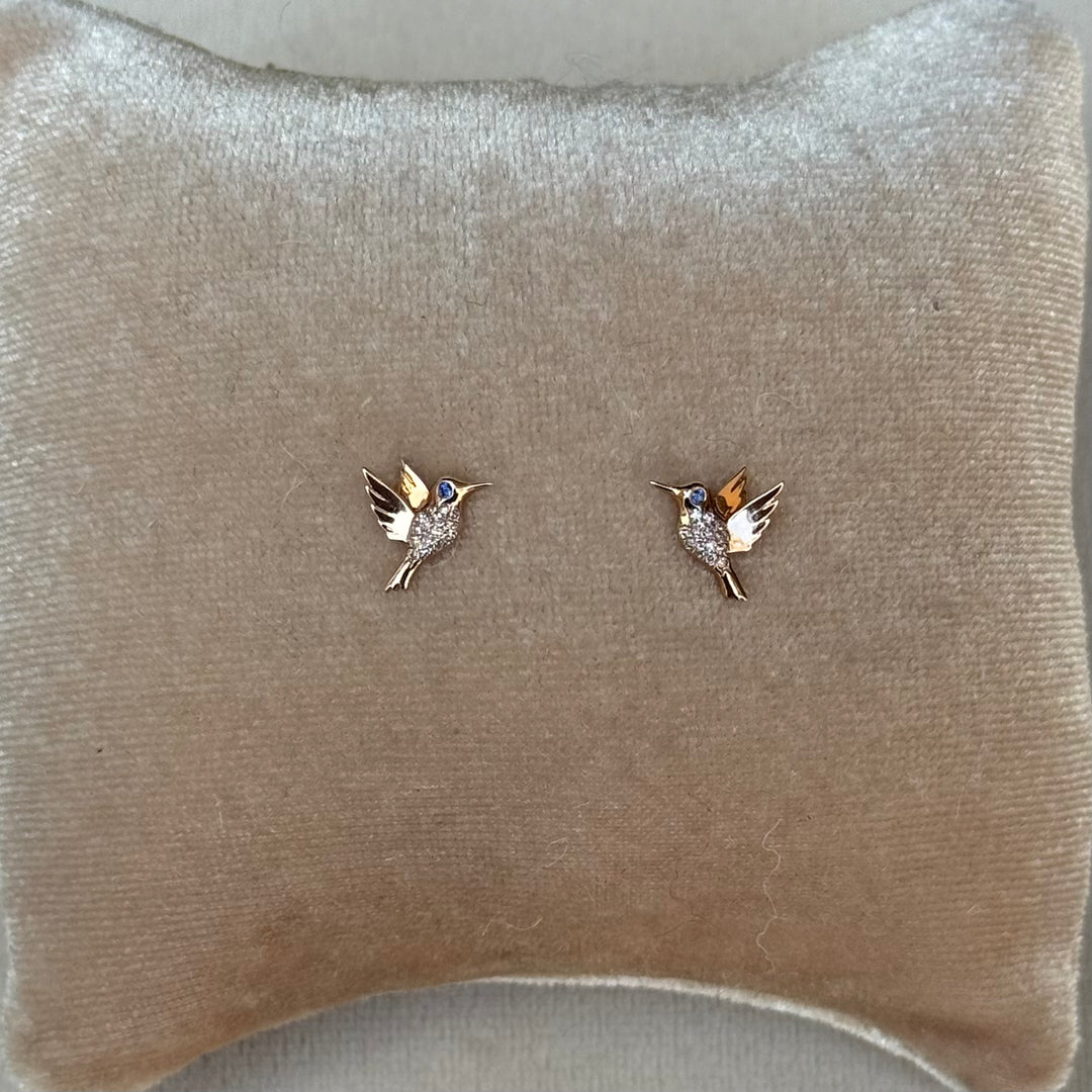 Pave Hummingbird Studs W/Emerald Eyes | Rose Gold