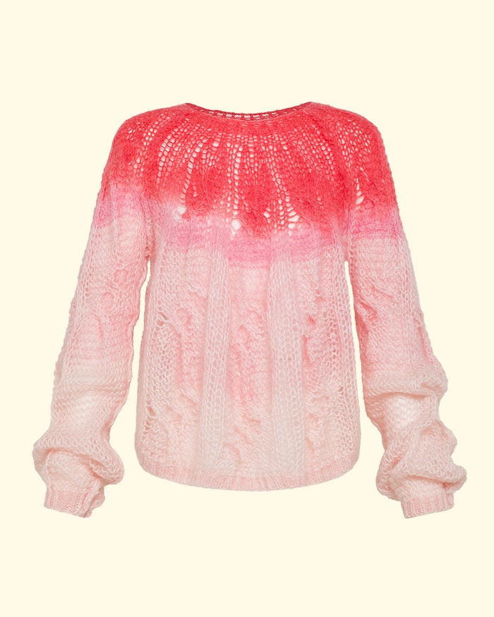 Dip Dyed Mohair Cable Knit Roundneck Sweater | Cerise
