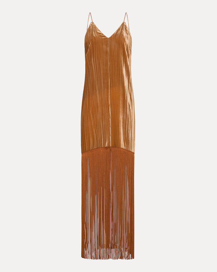 Pliss Velvet Fringed Dress | Copper