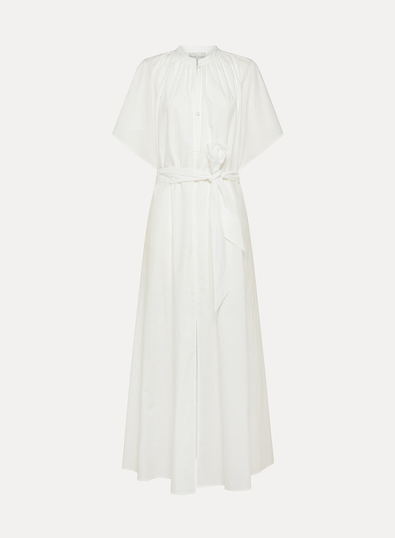 BCI Cotton Popline Half Sleeved Belted Dress | Bianco