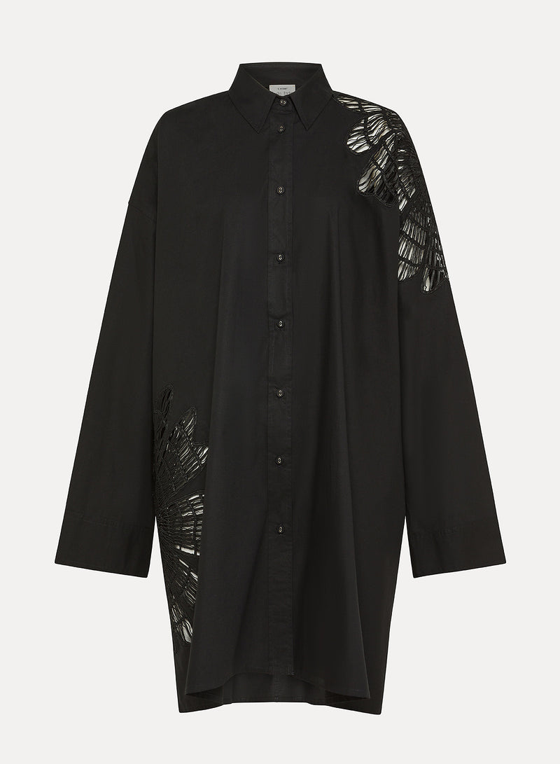 Botanical Flower Embroidery Popline Over Shirt | Noir