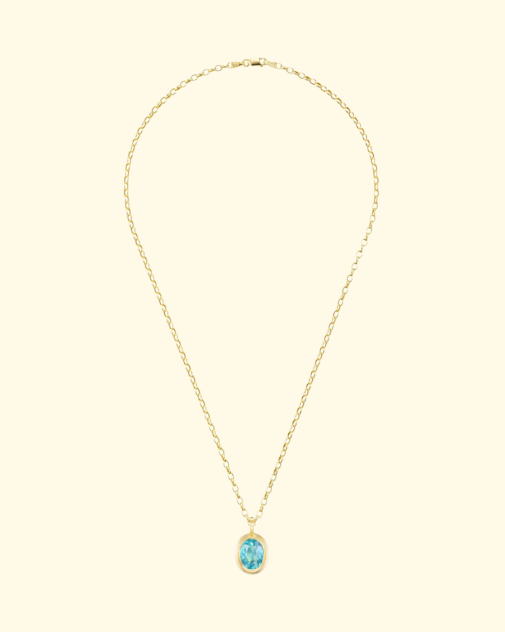 Blue Tourmaline Oval Pendant With Chain | 18k Yellow Gold