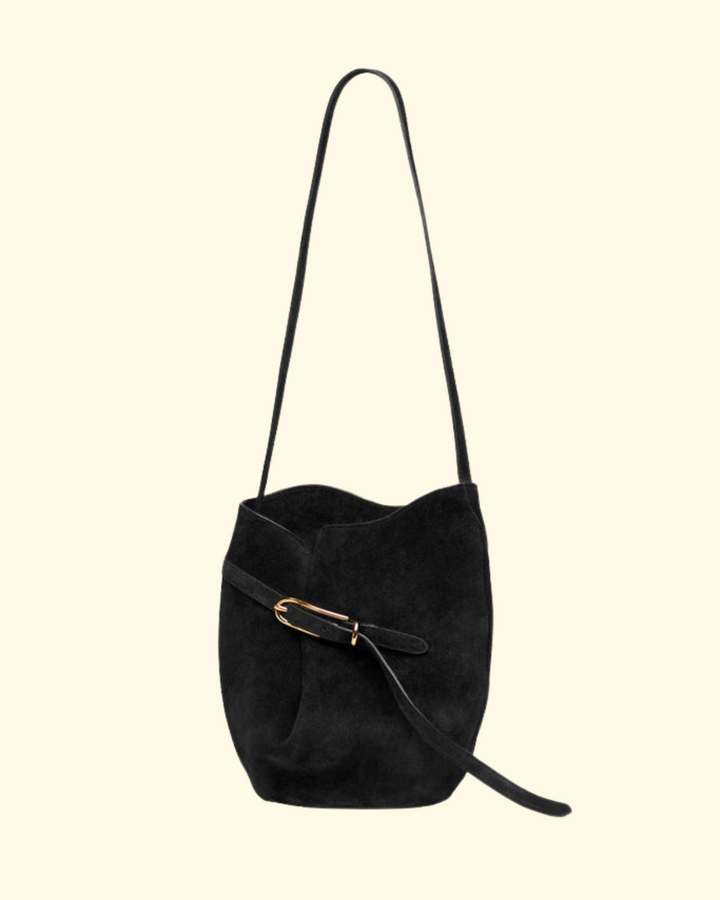 Belted Bucket Bag | Black Suede