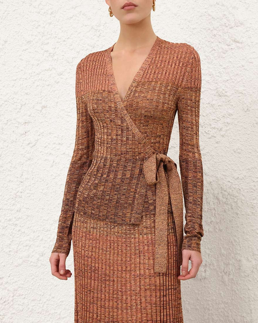 Mouline Rib Wrap Top | Chocolate Multi