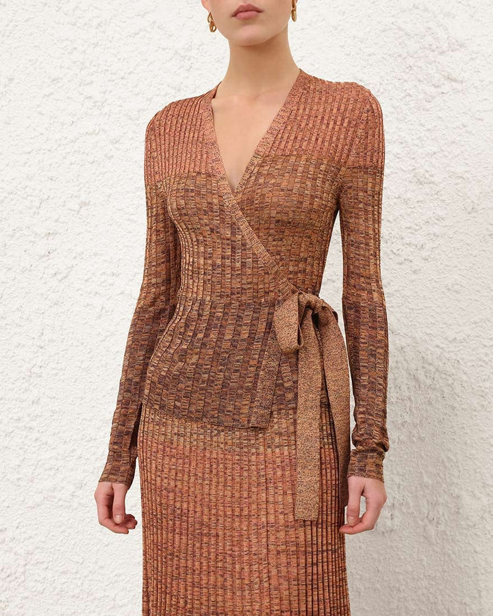 Mouline Rib Wrap Top | Chocolate Multi