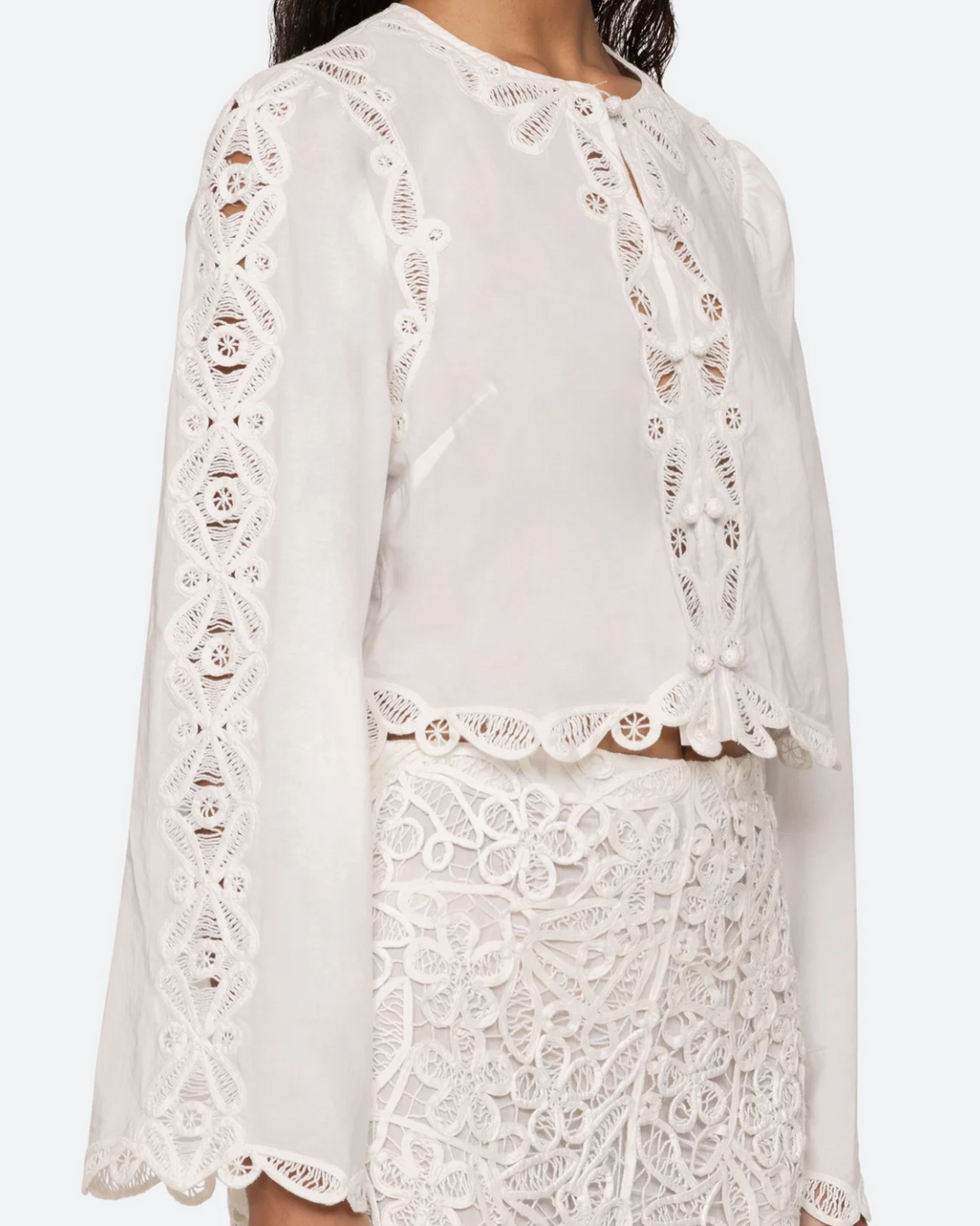 Elke Soutache Long Sleeve Blouse | White