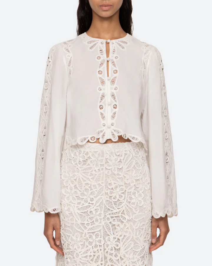 Elke Soutache Long Sleeve Blouse | White