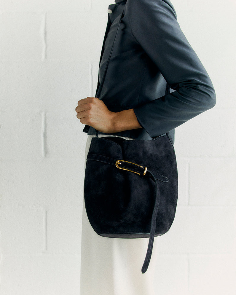 Belted Bucket Bag | Black Suede