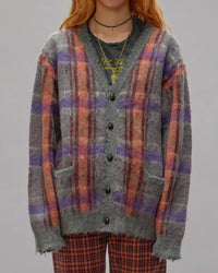 Mohair Boyfriend Cardigan | Brown/Orange/Purple Mohair Plaid