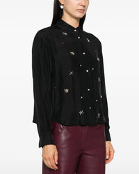 Silk Grandfather Shirt with Crystals | Nero