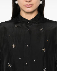 Silk Grandfather Shirt with Crystals | Nero