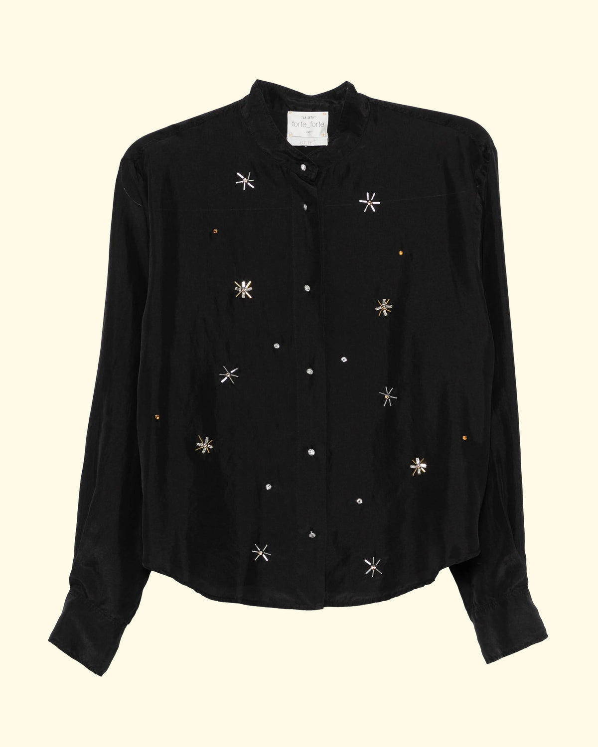 Silk Grandfather Shirt with Crystals | Nero