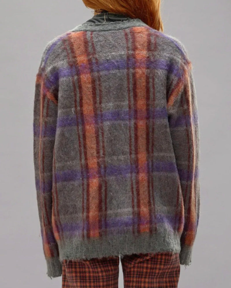 Mohair Boyfriend Cardigan | Brown/Orange/Purple Mohair Plaid