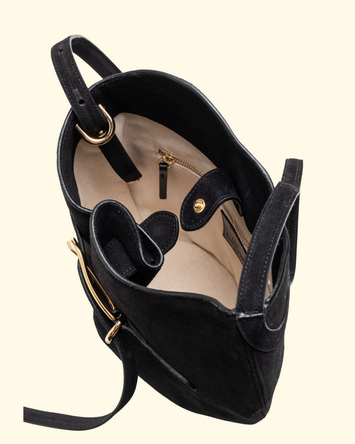 Belted Bucket Bag | Black Suede